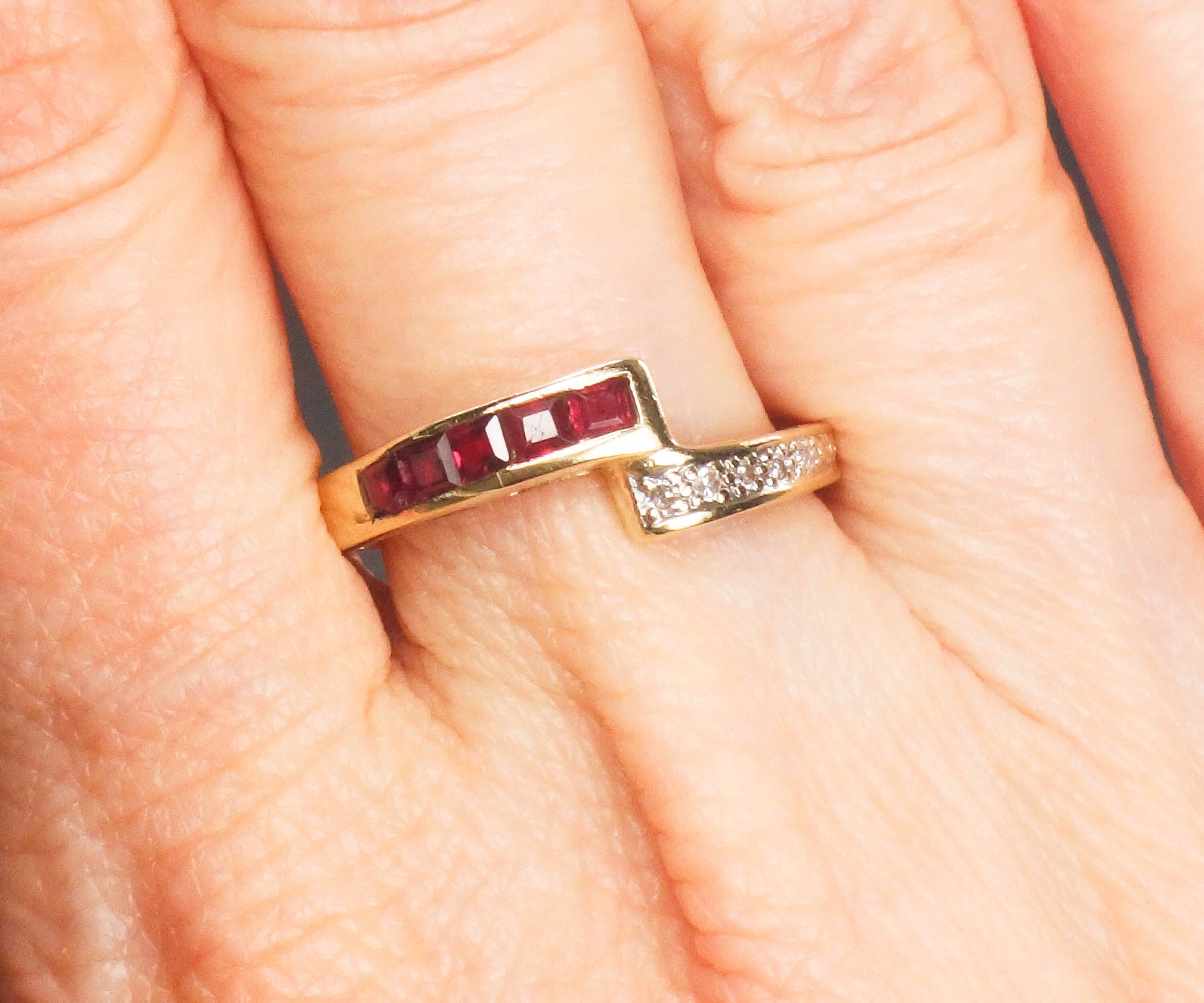 Vintage 14k Yellow Gold Ruby and Diamond Ring Crossover Style Ring Size 7.75