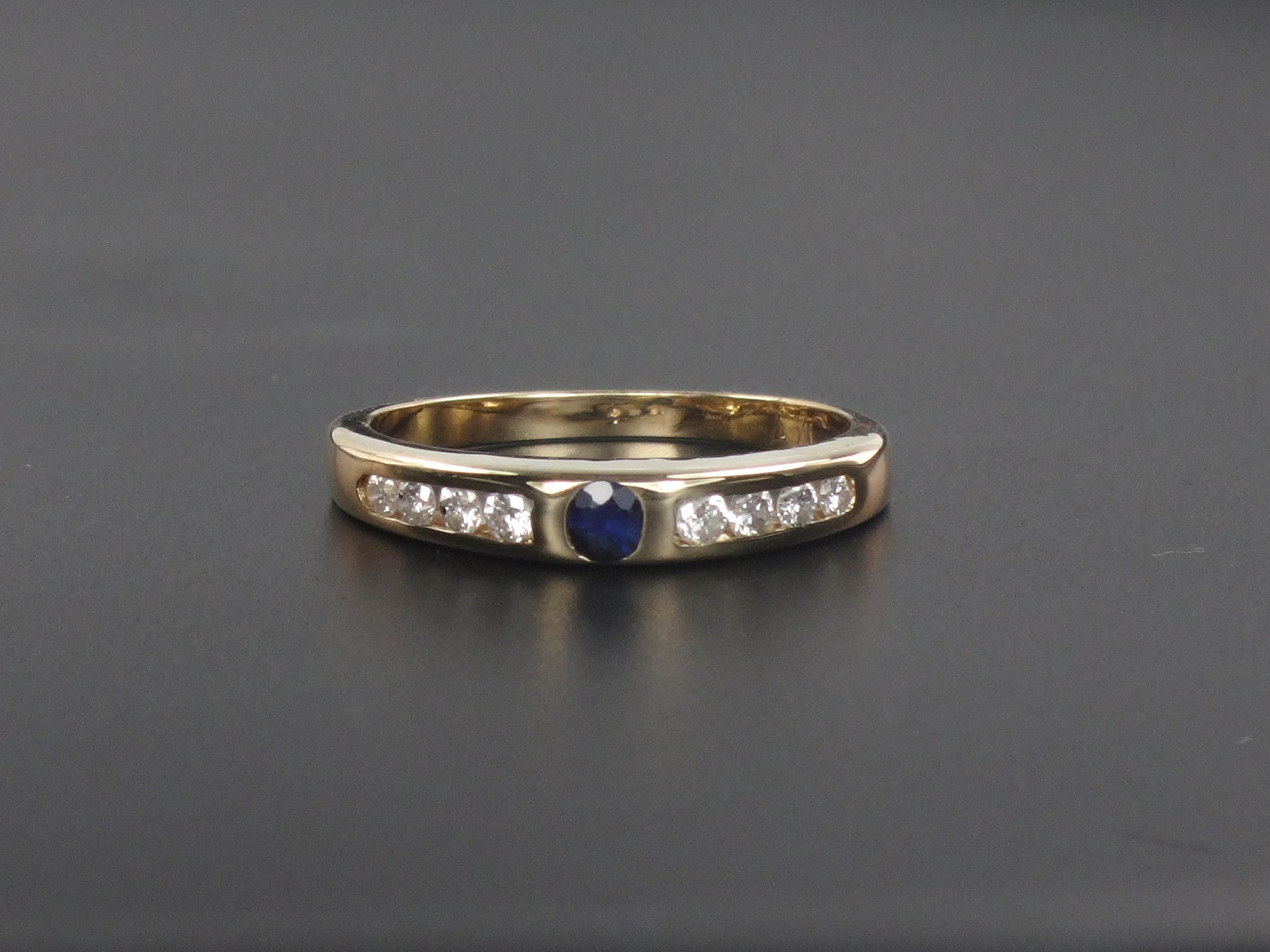 Vintage 14k Yellow Gold Natural Blue Sapphire and Diamond Band - Stacking Ring - Size 6