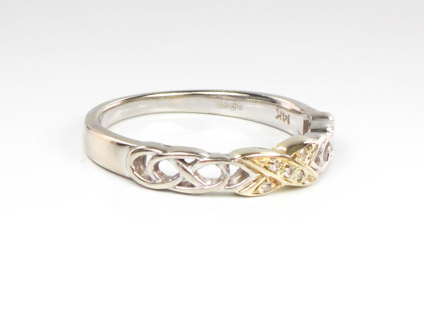 Two Tone Gold Diamond Wedding Band - Vintage Solid 14k Thin Irish Celtic Design Ring Size 7 - Fine Jewelry