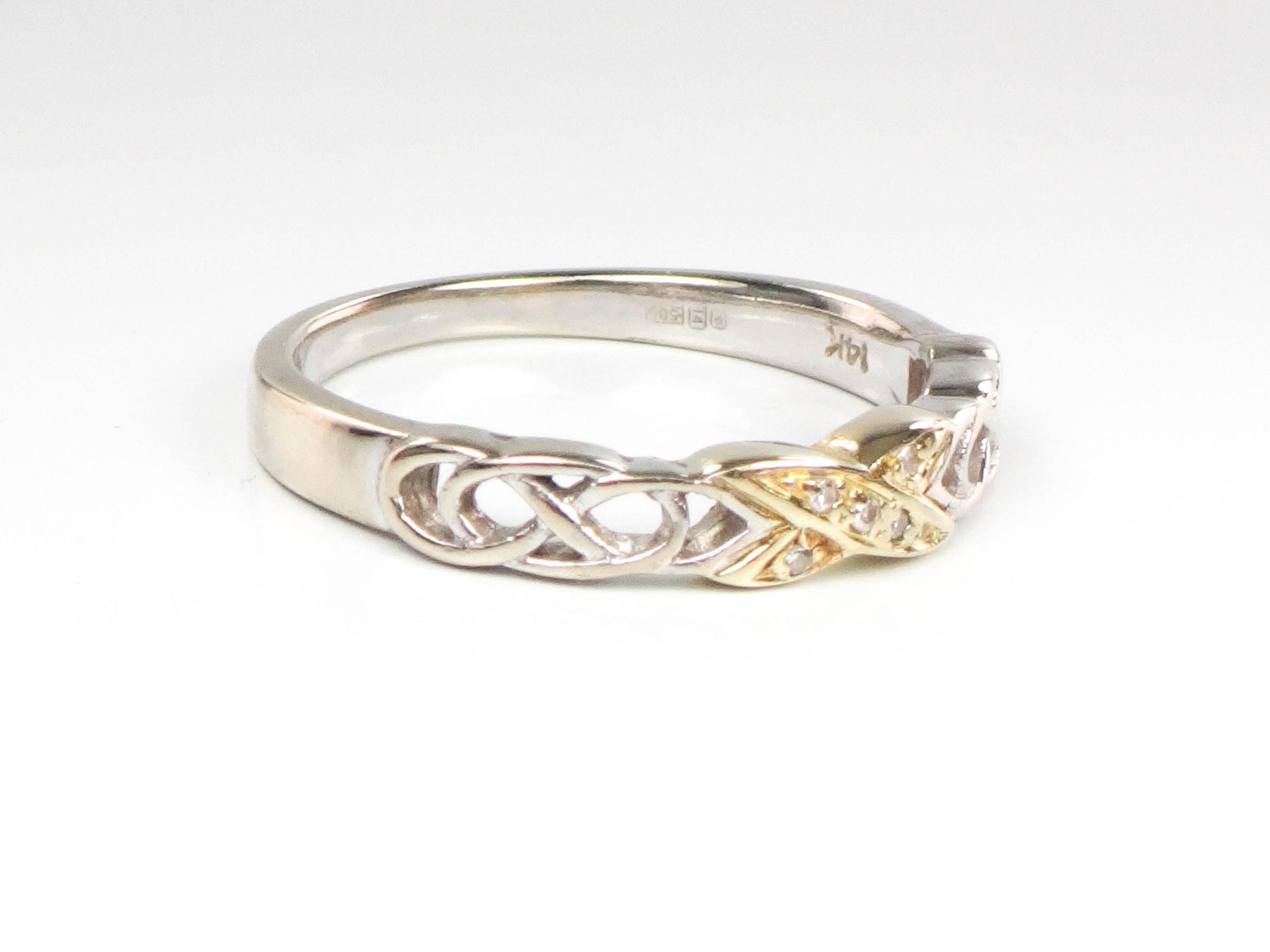 Two Tone Gold Diamond Wedding Band - Vintage Solid 14k Thin Irish Celtic Design Ring Size 7 - Fine Jewelry