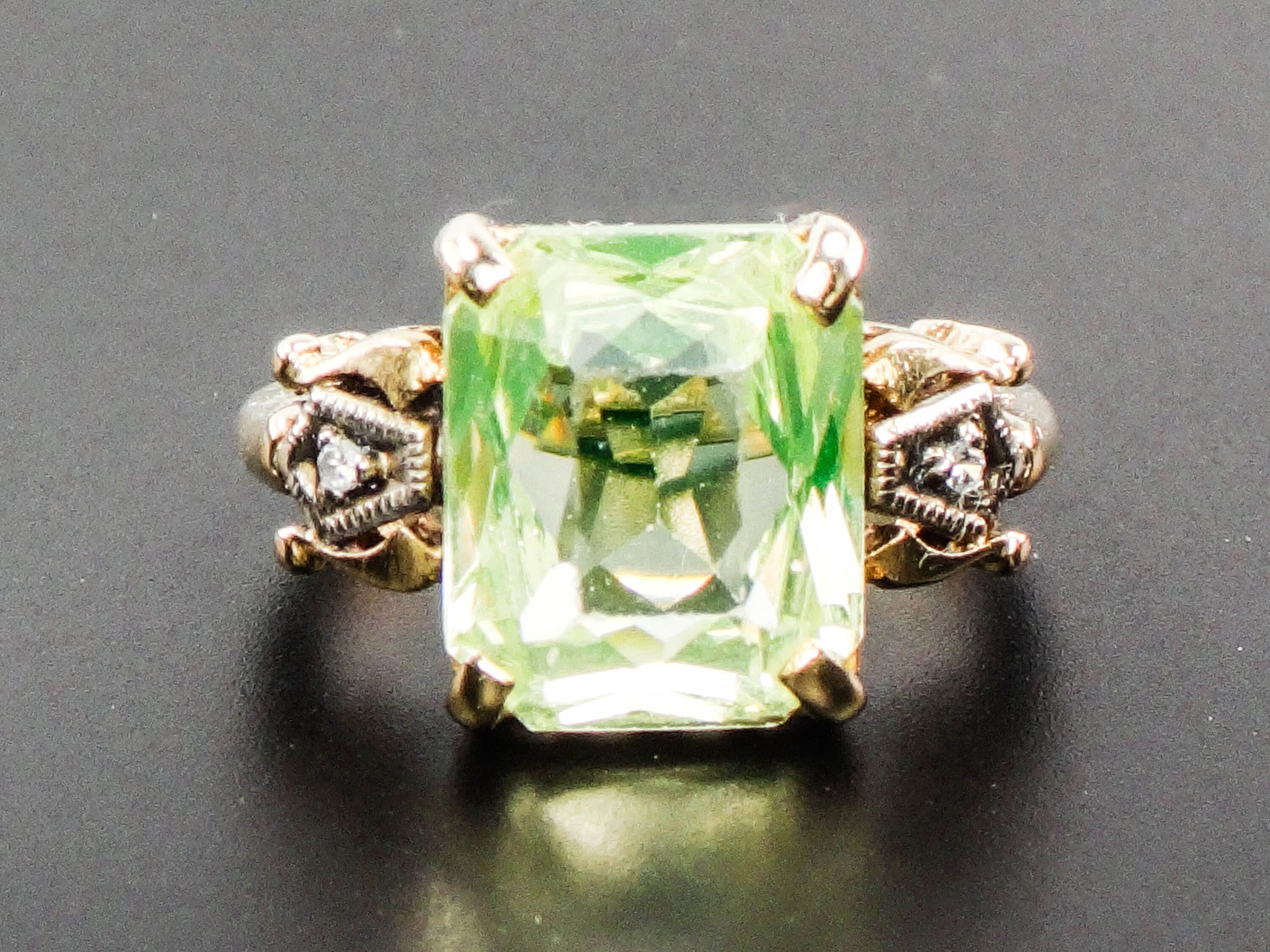 Vintage 14k Gold Green Spinel and Diamond Ring, Green Rectangle Cut August Birthstone Ring, Size 6