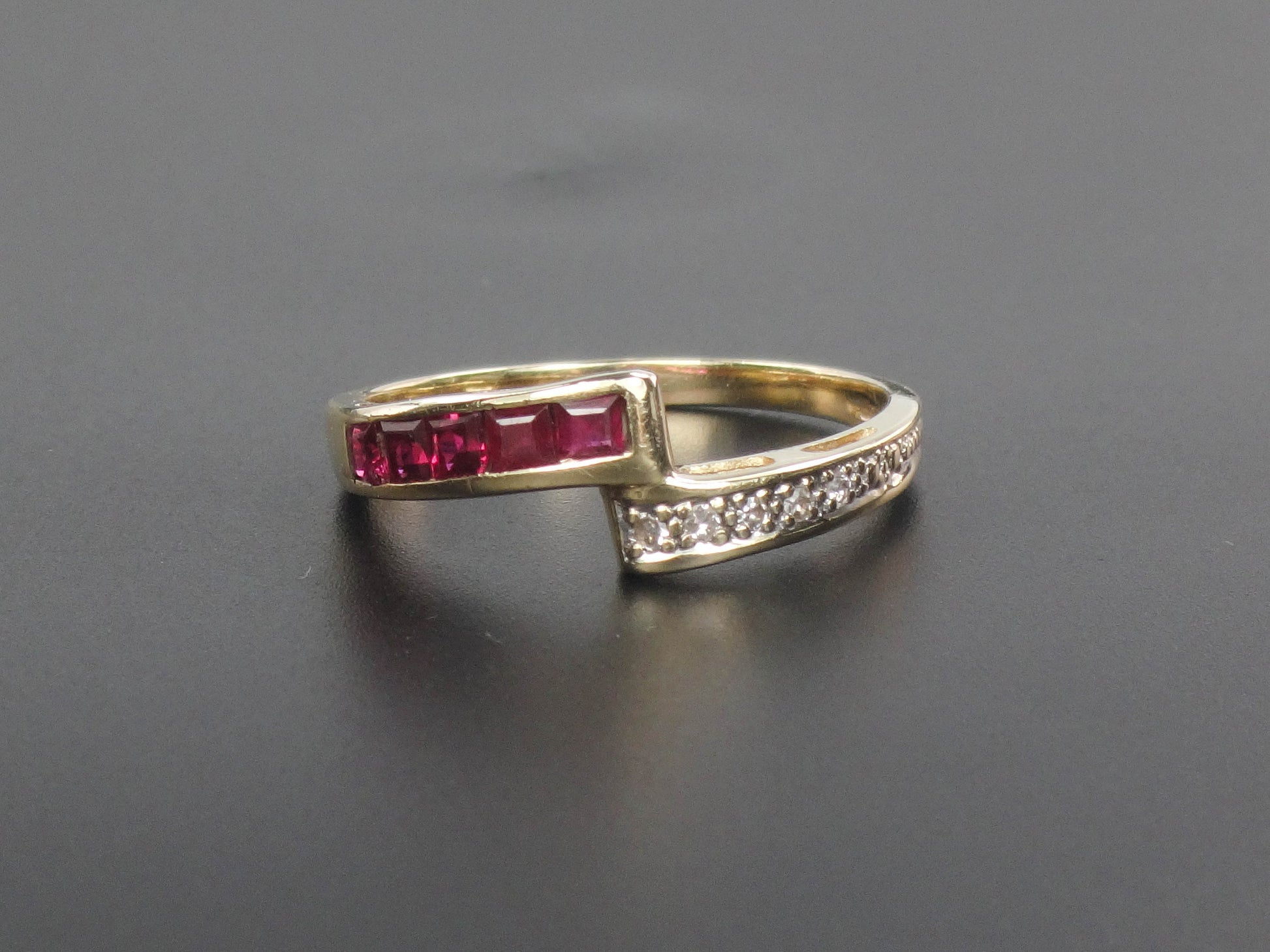 Vintage 14k Yellow Gold Ruby and Diamond Ring Crossover Style Ring Size 7.75