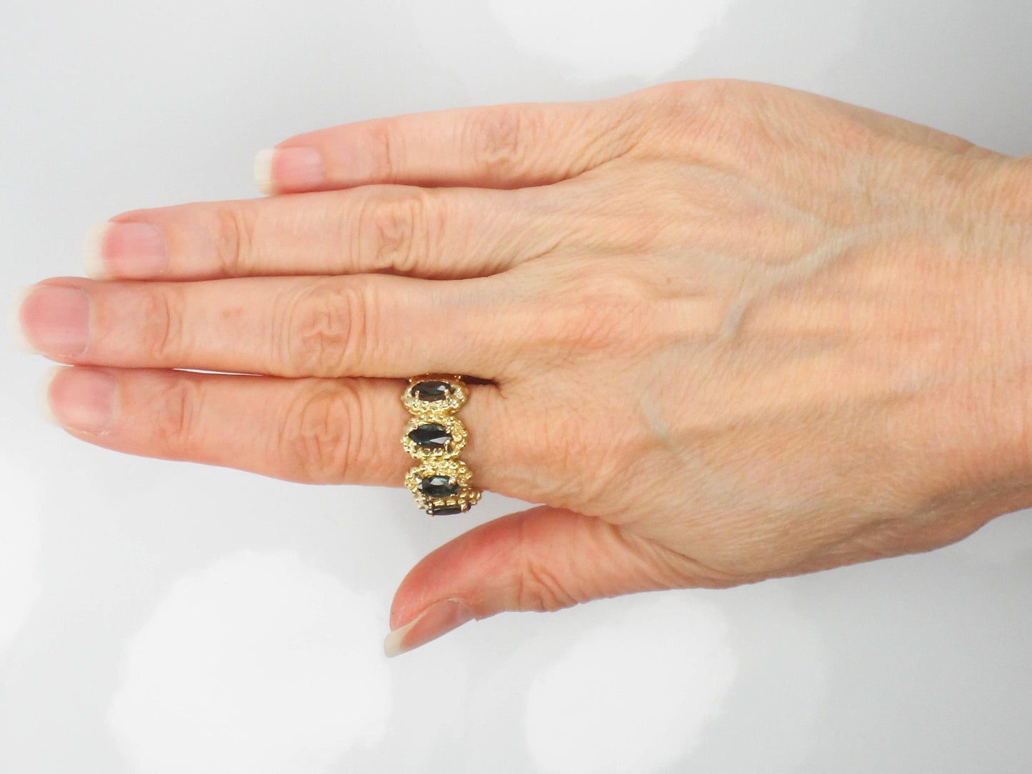 Vintage Wide 18k Yellow Gold Blue Marquise Natural Sapphire Eternity Ring Size 8.25