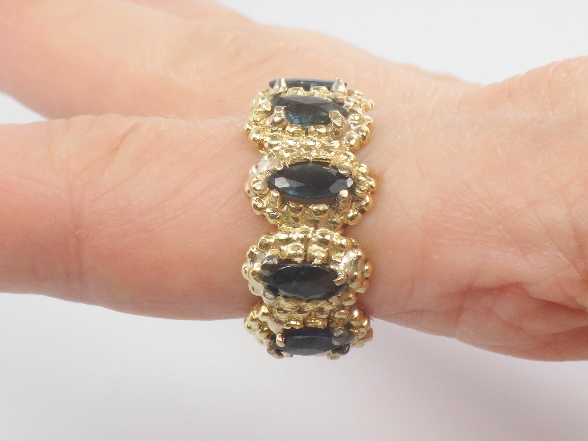 Vintage Wide 18k Yellow Gold Blue Marquise Natural Sapphire Eternity Ring Size 8.25