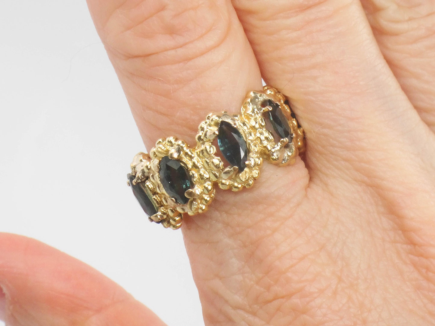 Vintage Wide 18k Yellow Gold Blue Marquise Natural Sapphire Eternity Ring Size 8.25
