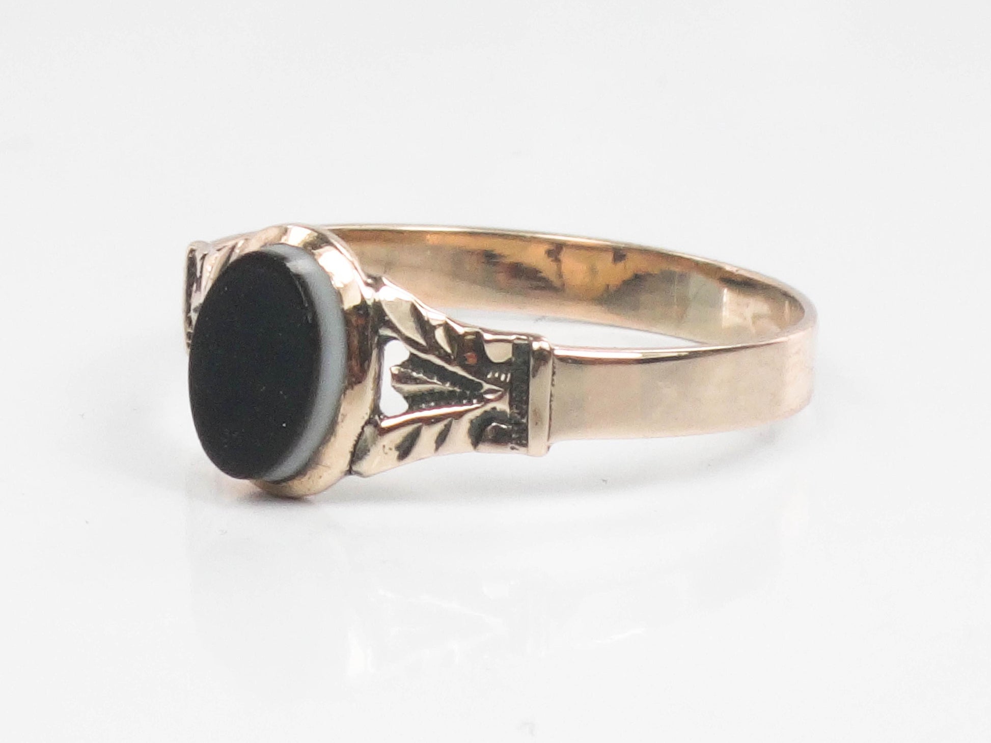 Victorian 10k Yellow Gold Black Onyx Ring, Small Mourning Ring Circa 1890's Size 5.25