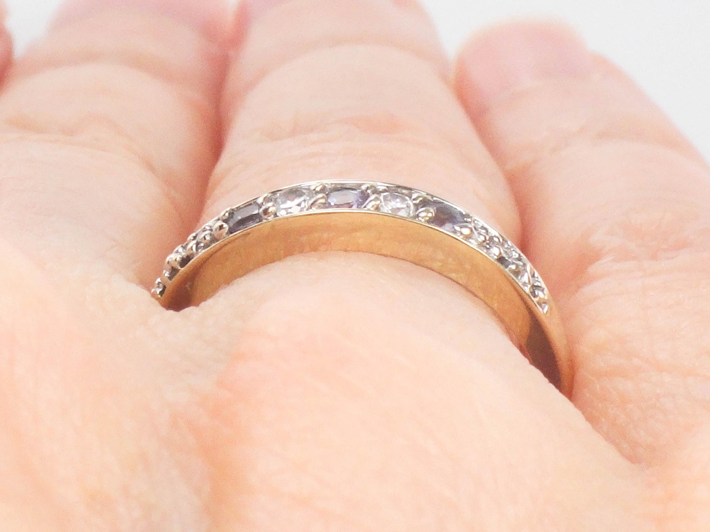 Vintage 10k Gold Purple Stone Ring with Diamond Accents: Thin Band, Size 6.5