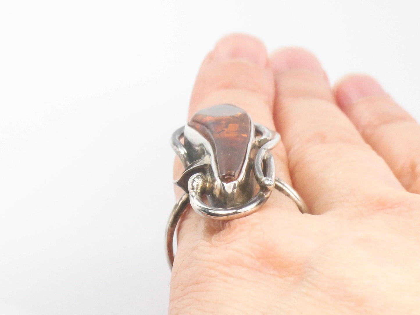 Large Sterling Silver Amber Ring - Size 9.25 - Vintage Freeform Shaped Fine Jewelry - Circa 1960's