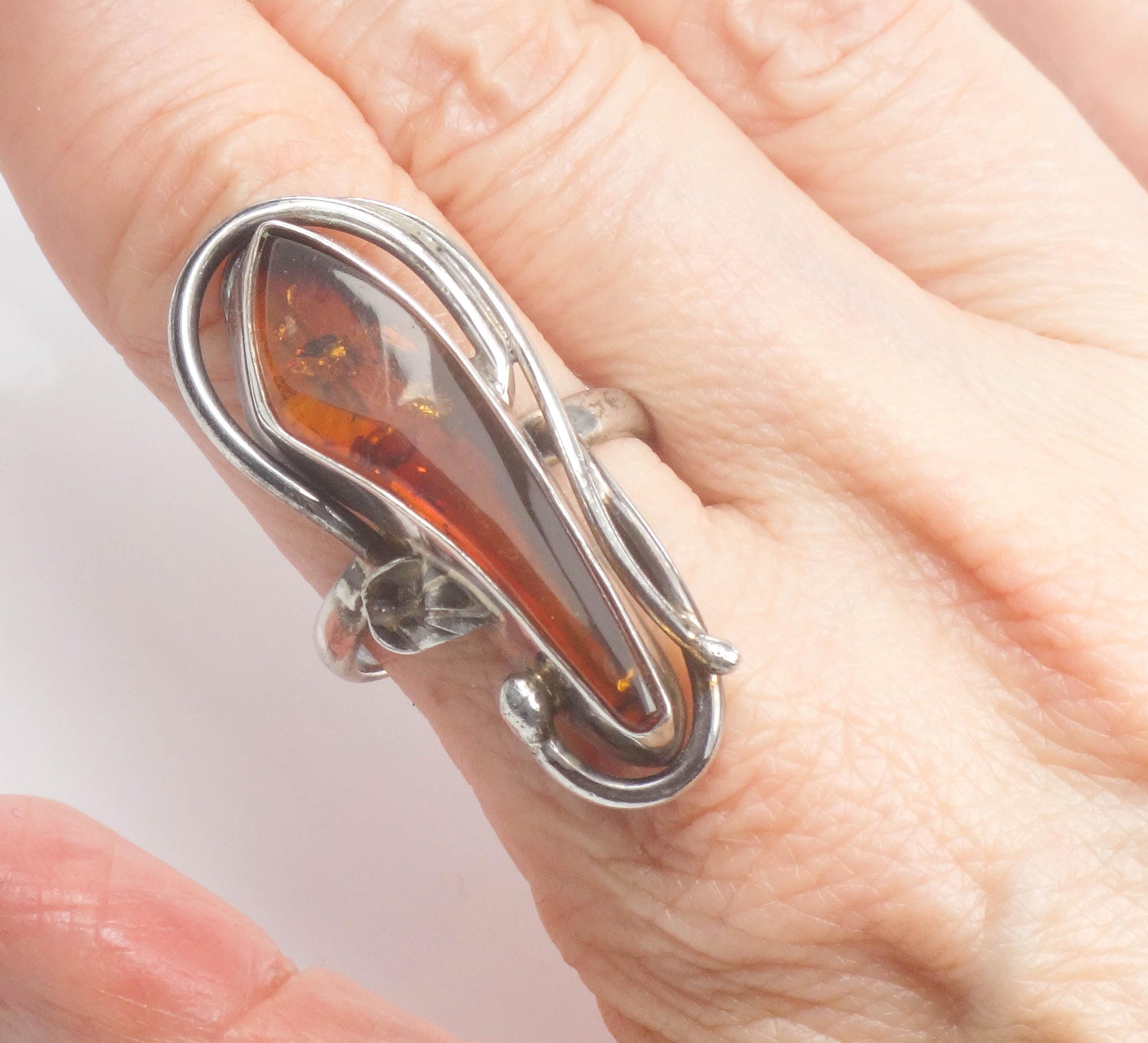 Large Sterling Silver Amber Ring - Size 9.25 - Vintage Freeform Shaped Fine Jewelry - Circa 1960's