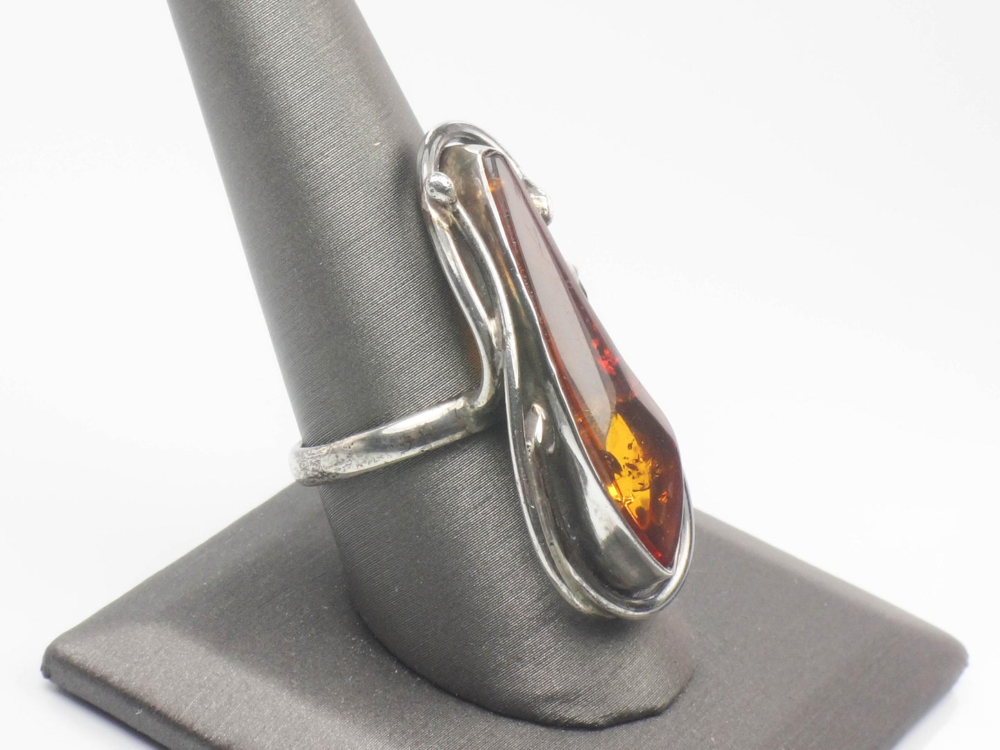Large Sterling Silver Amber Ring - Size 9.25 - Vintage Freeform Shaped Fine Jewelry - Circa 1960's