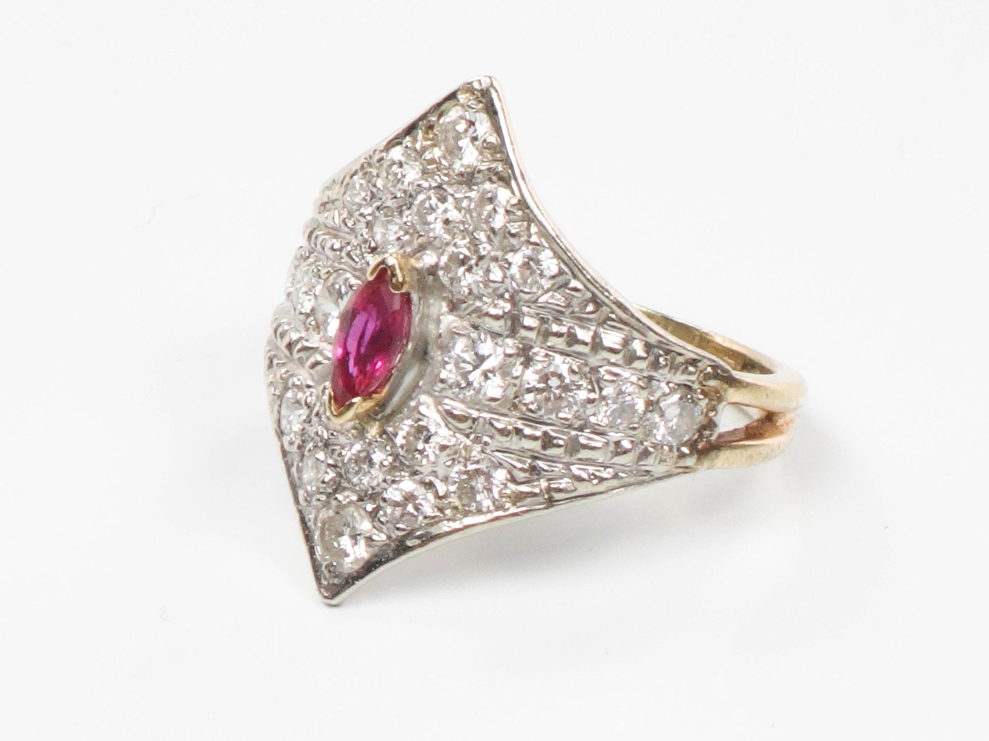 Vintage 14k Two Tone Gold Natural Ruby and Diamond Shield Ring Size 4.5 Cigar Band Style