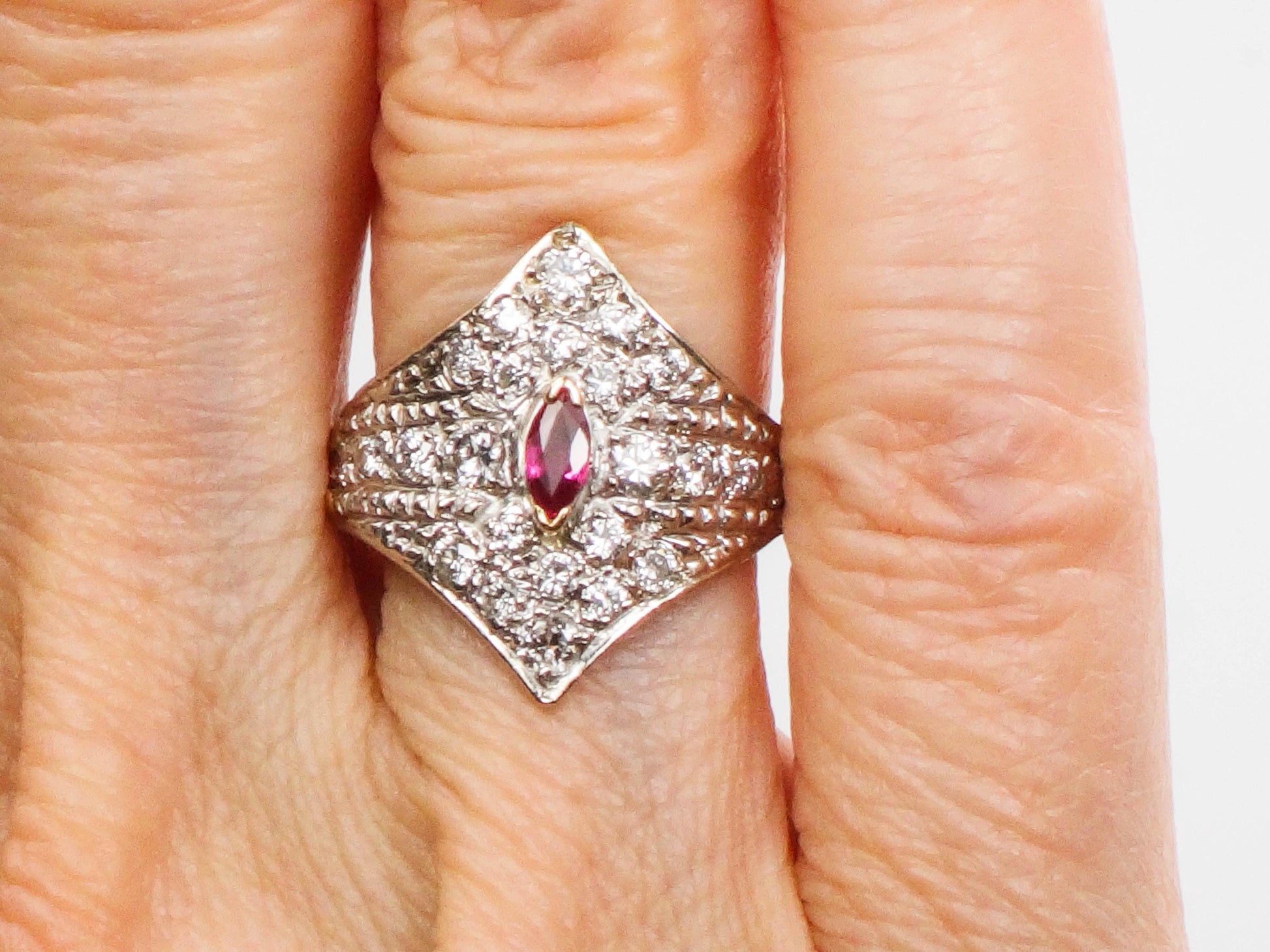 Vintage 14k Two Tone Gold Natural Ruby and Diamond Shield Ring Size 4.5 Cigar Band Style