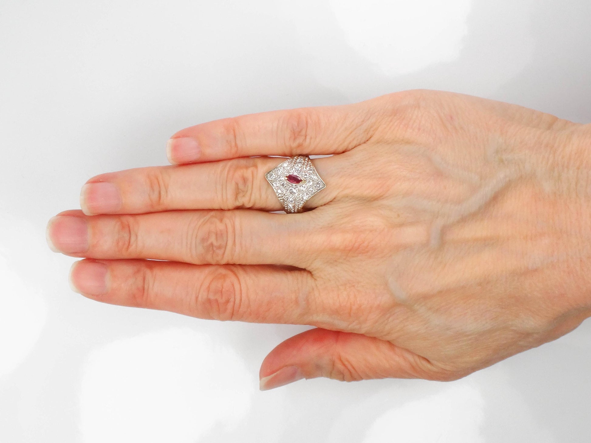Vintage 14k Two Tone Gold Natural Ruby and Diamond Shield Ring Size 4.5 Cigar Band Style