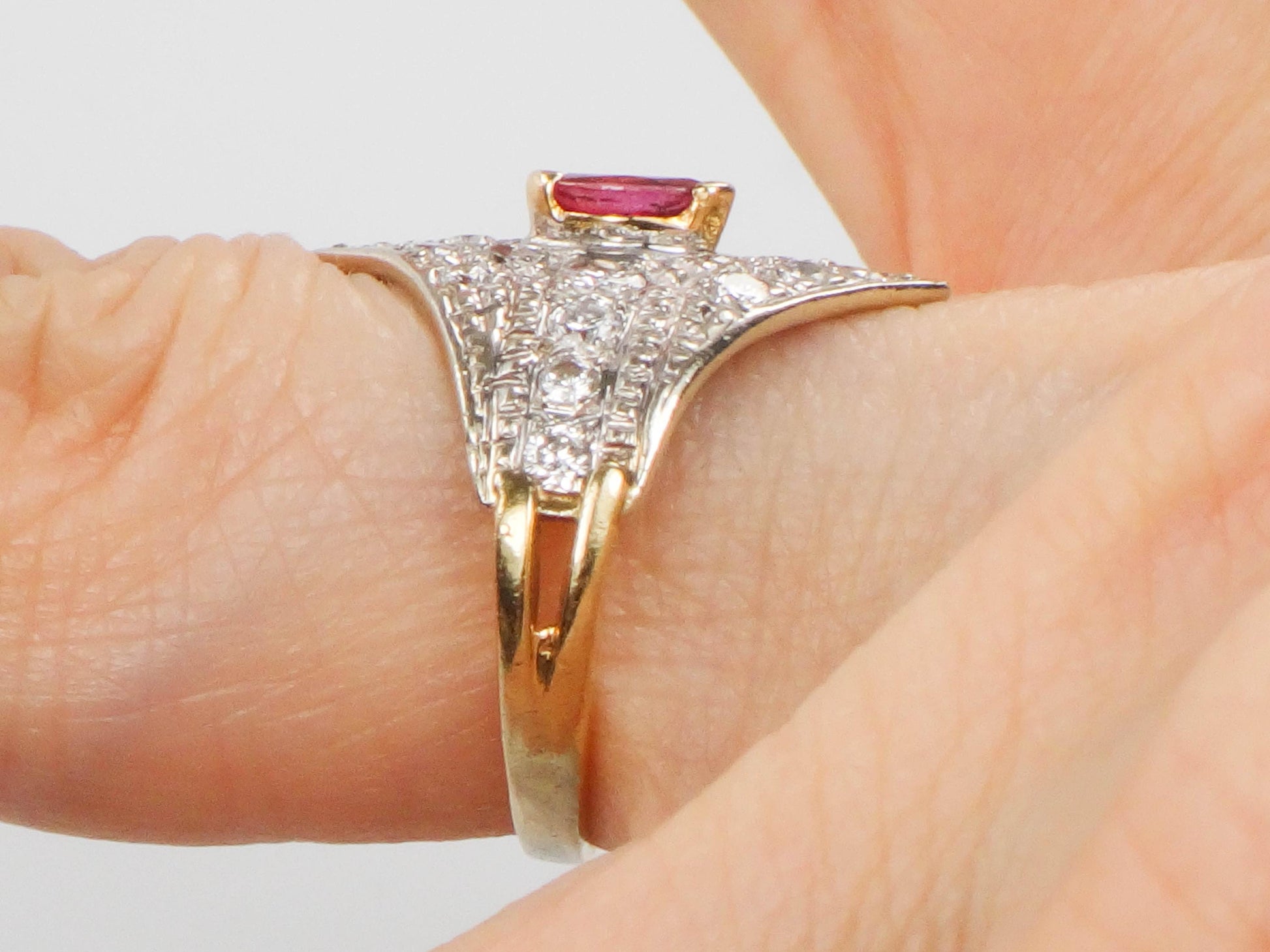 Vintage 14k Two Tone Gold Natural Ruby and Diamond Shield Ring Size 4.5 Cigar Band Style