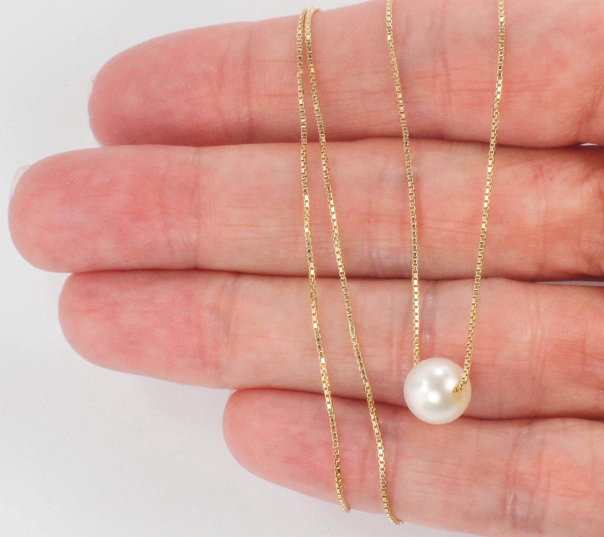 18k Pearl Necklace - Yellow Gold Minimalist 7.5 MM White Cultured Pendant 20" - Vintage Fine Bridal Jewelry