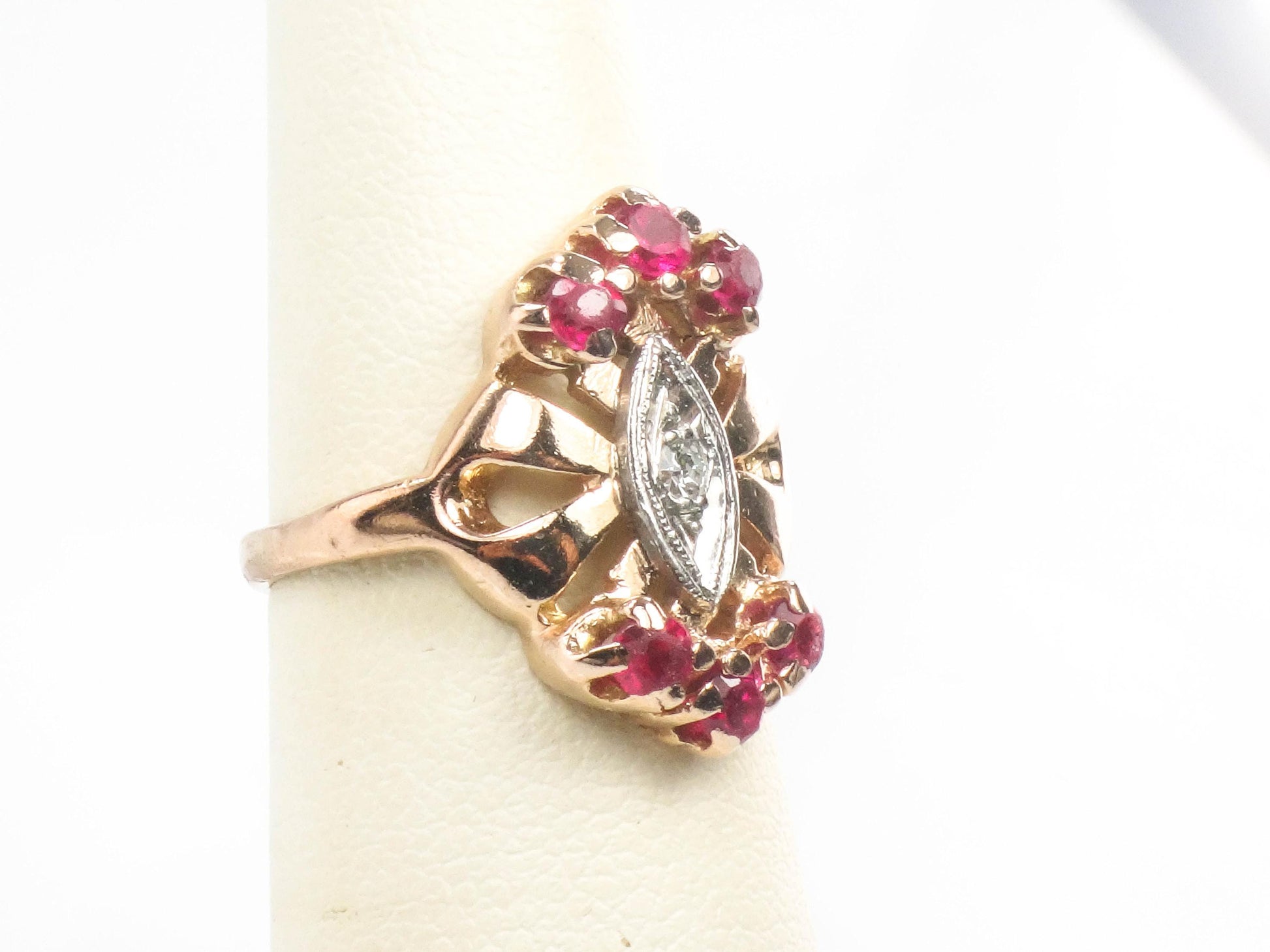 Rose Gold Ruby and Diamond Ring - Retro 1940's 14k July Birthstone Ring - Size 6 - Fine Jewelry