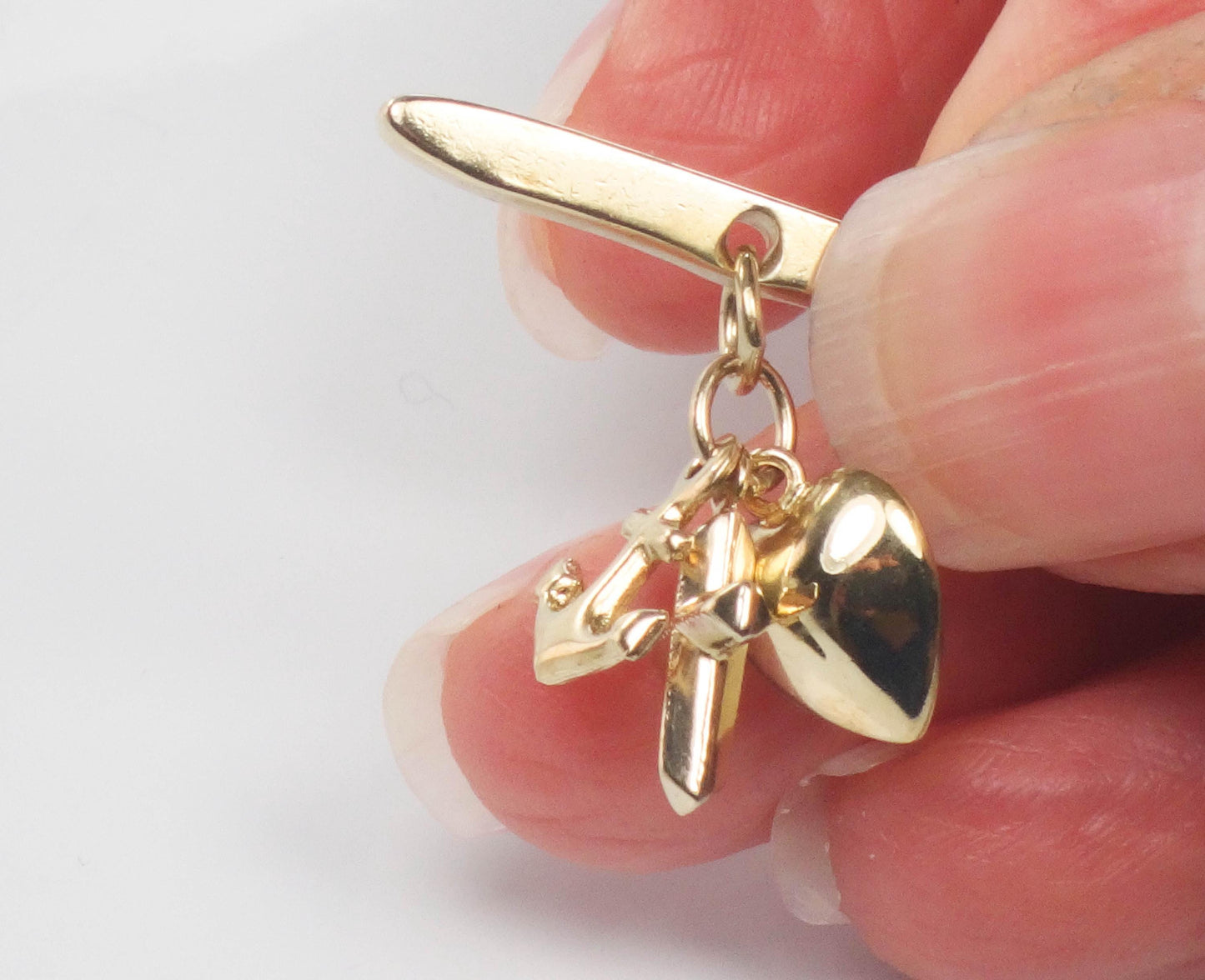 14k Faith Hope and Charity Charm for Buttonhole - Vintage Tiny Yellow Gold Religious Jewelry