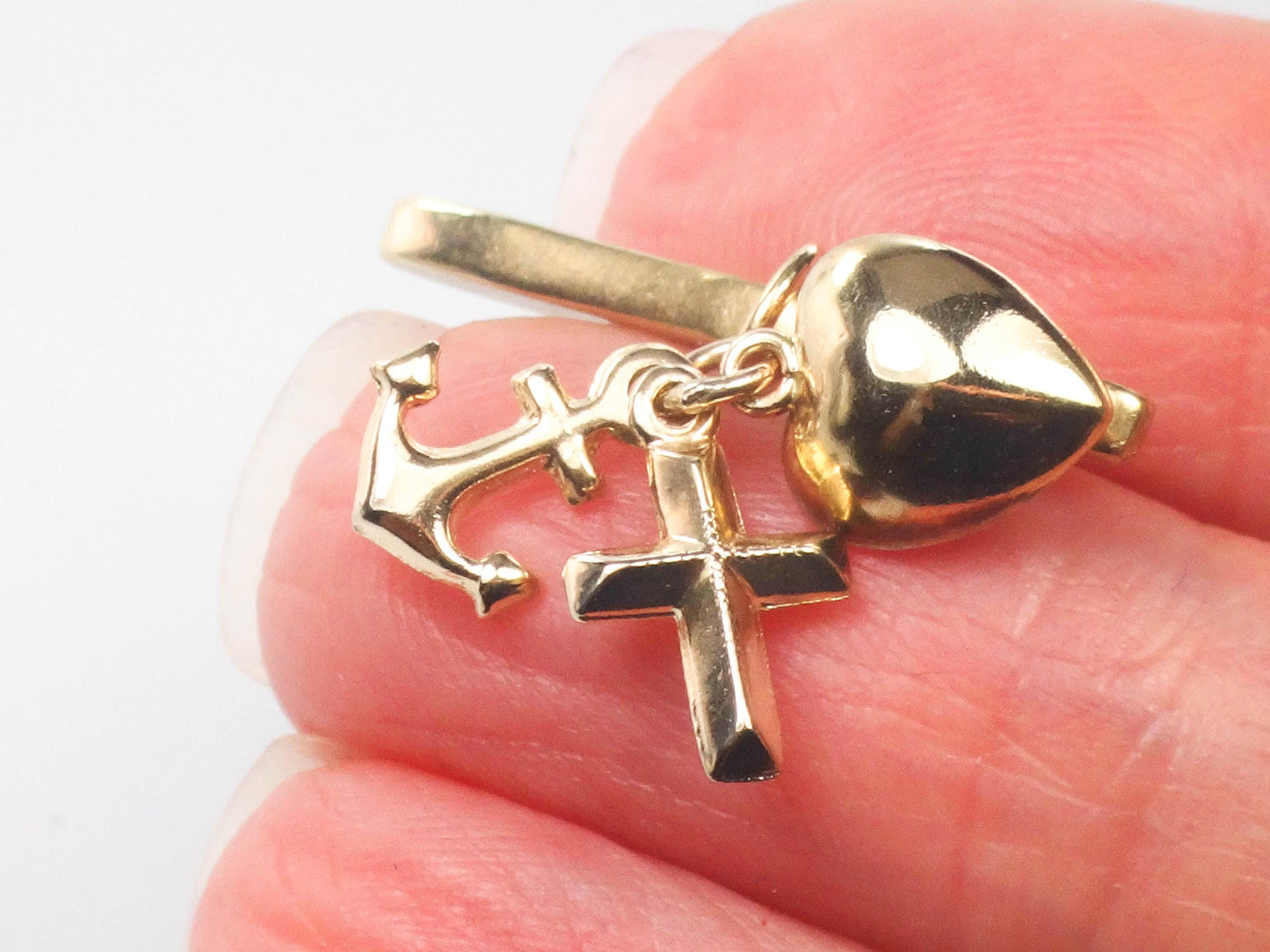 14k Faith Hope and Charity Charm for Buttonhole - Vintage Tiny Yellow Gold Religious Jewelry