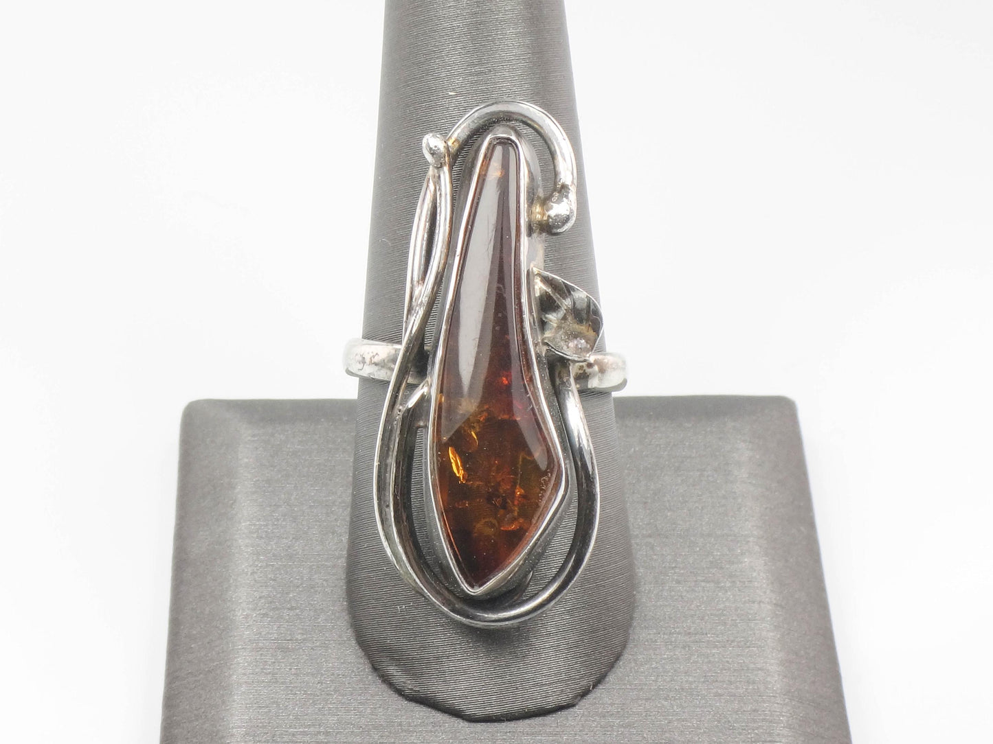 Large Sterling Silver Amber Ring - Size 9.25 - Vintage Freeform Shaped Fine Jewelry - Circa 1960's