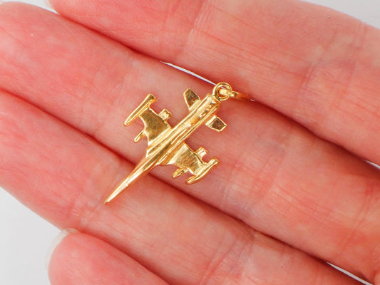 Vintage Solid 21k Gold Jet Airplane Charm, Yellow Gold Fighter Jet Plane Pendant
