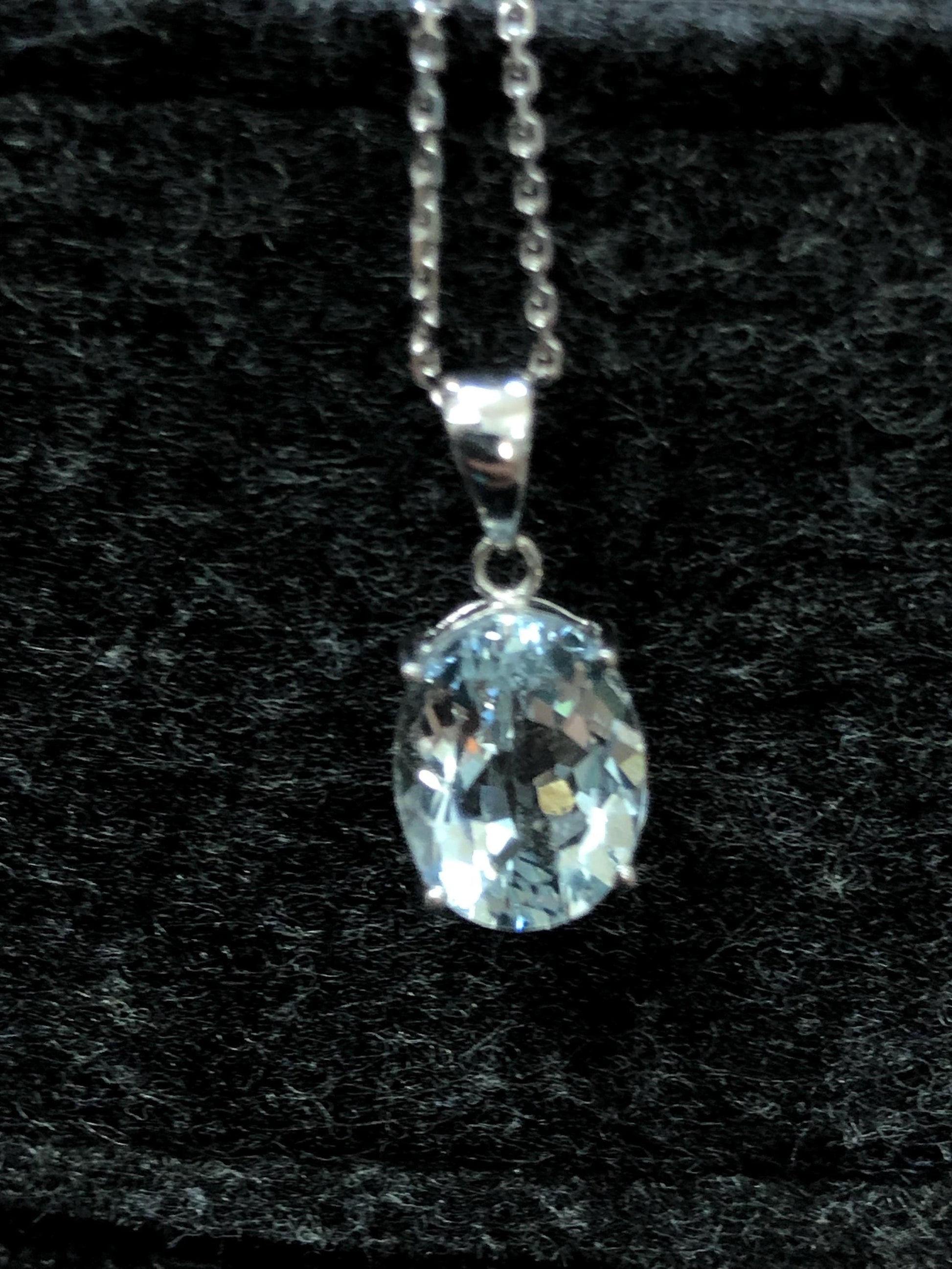 Vintage 14k White Gold Pale Blue Aquamarine Drop Necklace Oval Pendant March Birthstone