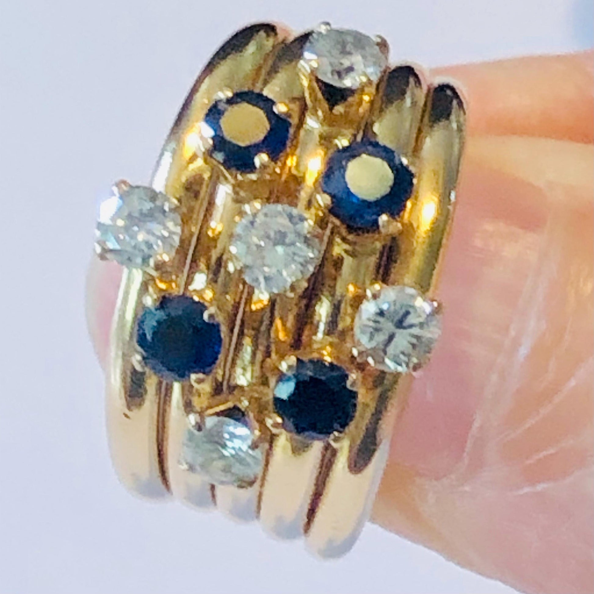 Vintage 18k Yellow Gold Diamond Sapphire Multi Band Ring - Size 7