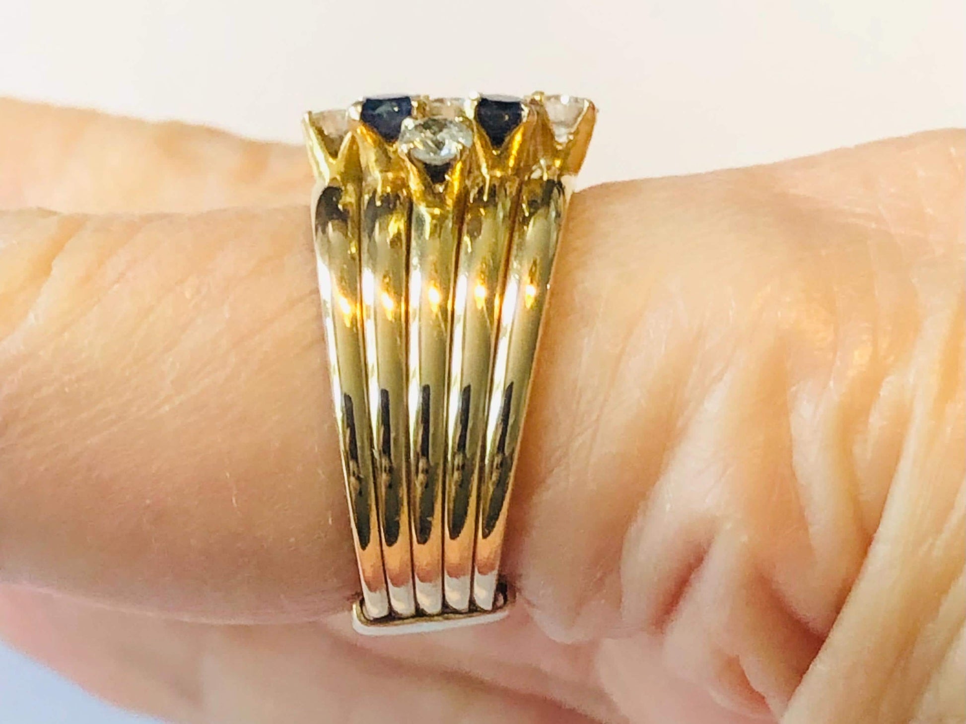 Vintage 18k Yellow Gold Diamond Sapphire Multi Band Ring - Size 7