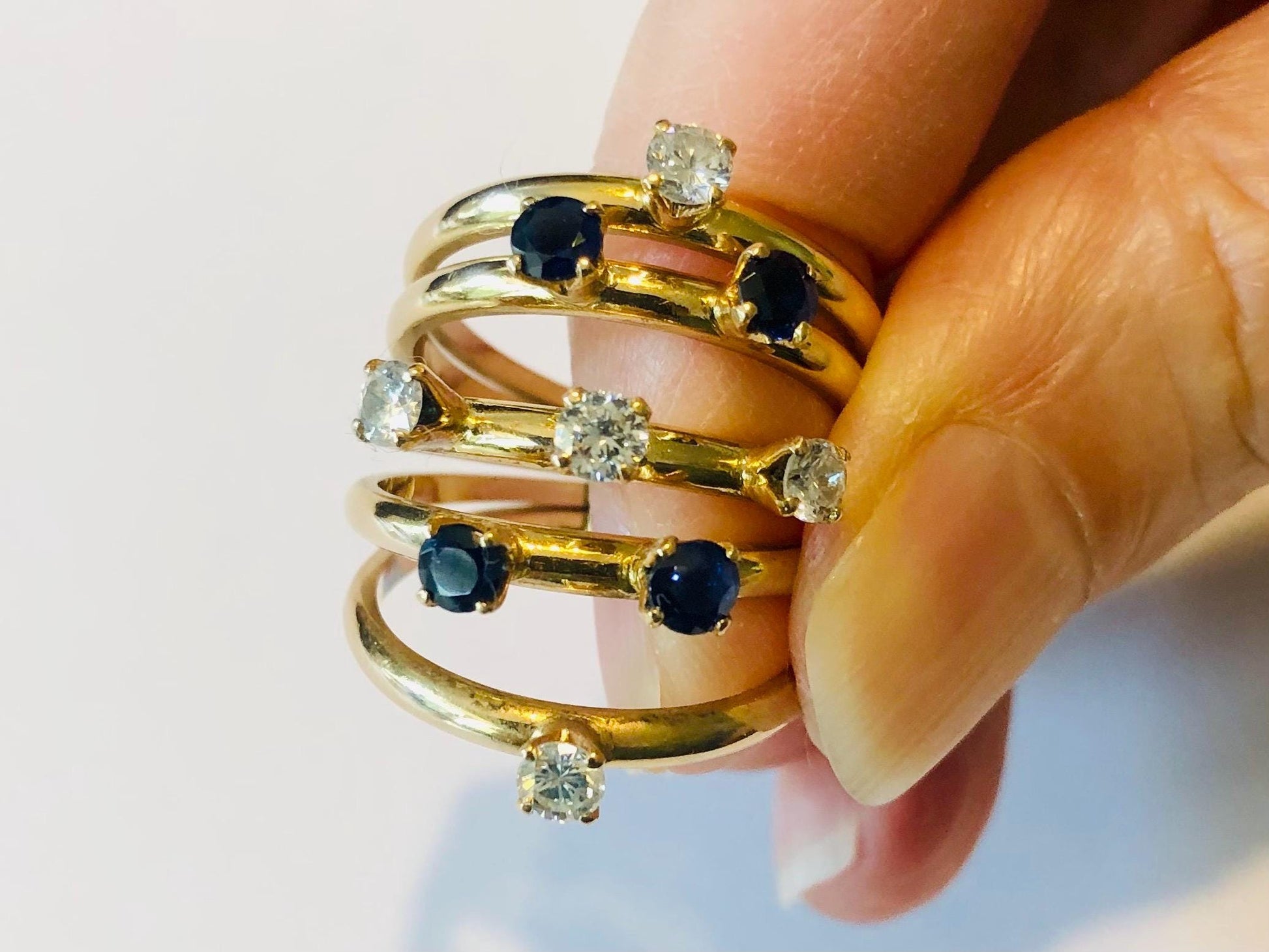 Vintage 18k Yellow Gold Diamond Sapphire Multi Band Ring - Size 7