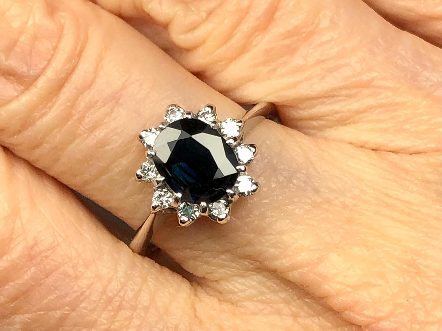 Vintage 14k White Gold Blue Sapphire Diamond Halo Ring September Birthstone Size 7