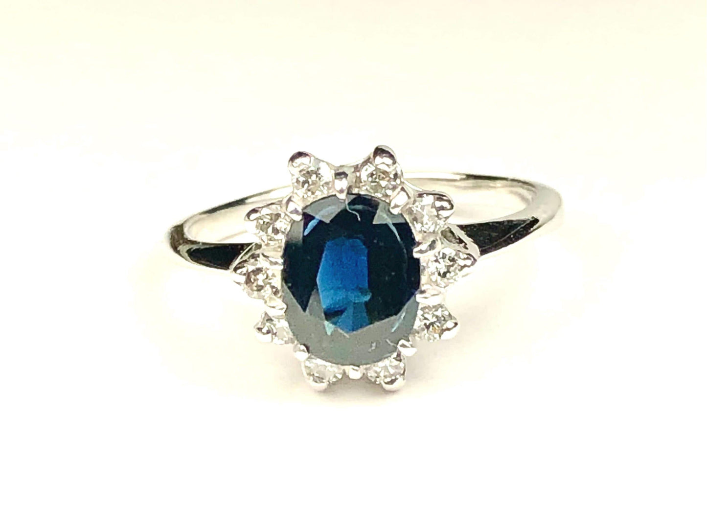 Vintage 14k White Gold Blue Sapphire Diamond Halo Ring September Birthstone Size 7