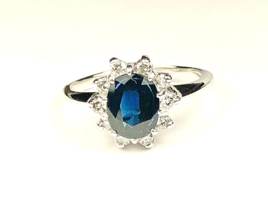 Vintage 14k White Gold Blue Sapphire Diamond Halo Ring September Birthstone Size 7