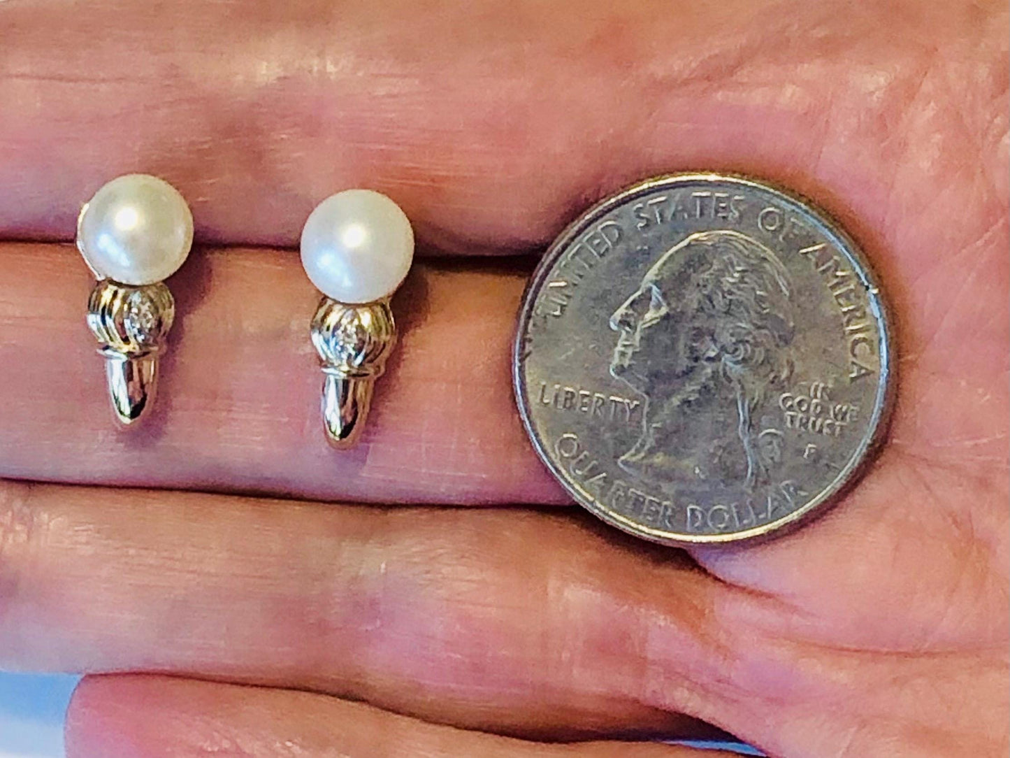Vintage 10k Yellow Gold Pearl Diamond Stud Earrings: Bridal Button Pearl