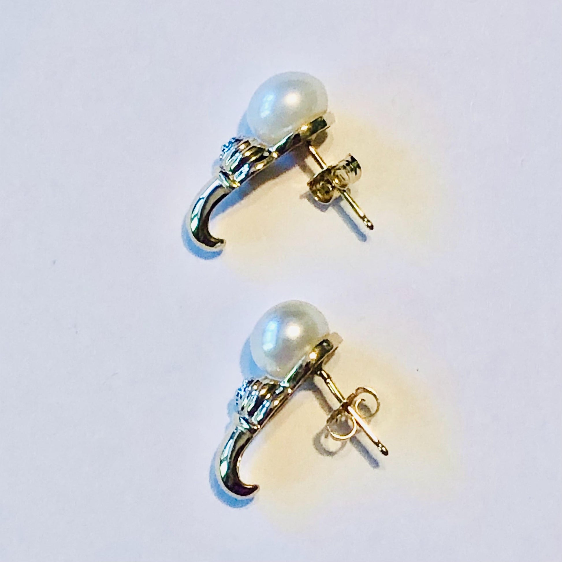 Vintage 10k Yellow Gold Pearl Diamond Stud Earrings: Bridal Button Pearl