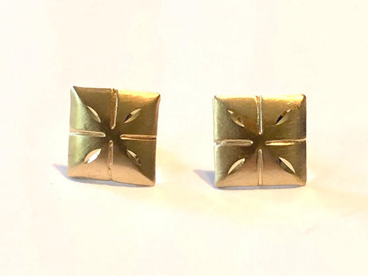 Vintage 14k Yellow Gold Square Shaped Starburst Stud Earrings