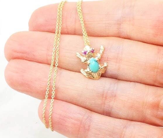 Vintage 14k Gold Turquoise and Ruby Frog Necklace, Tiny Jeweled Frog Pendant on 18" Chain