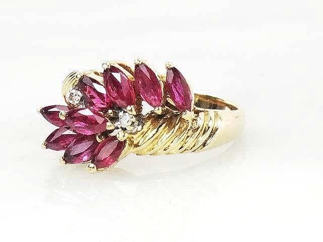 Vintage 14k Gold Ruby Ring with Diamonds: Marquise Floral Design, Size 6.5