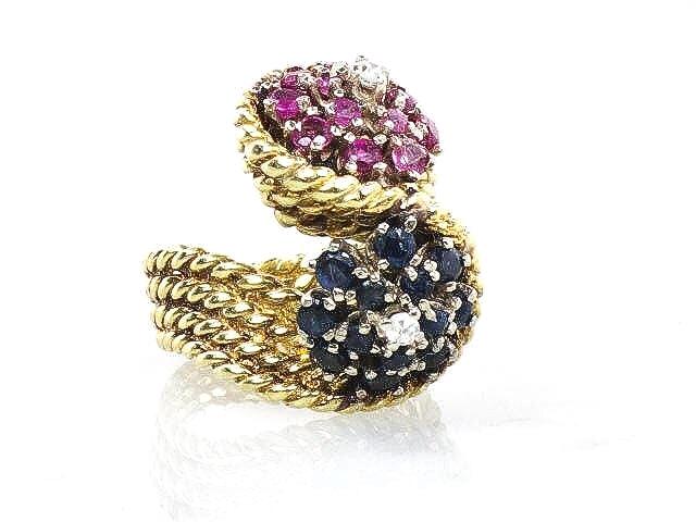 Vintage 18k Gold Floral Ring: Ruby, Sapphire & Diamond Cluster, Size 7