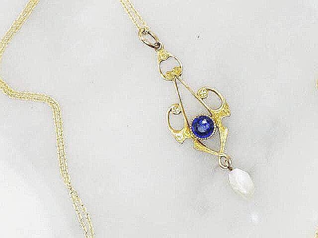 Antique 10k Yellow Gold Blue Glass and Pearl Pendant on 14k Chain, Art Nouveau Lavalier Necklace, Bridal Jewelry 16"