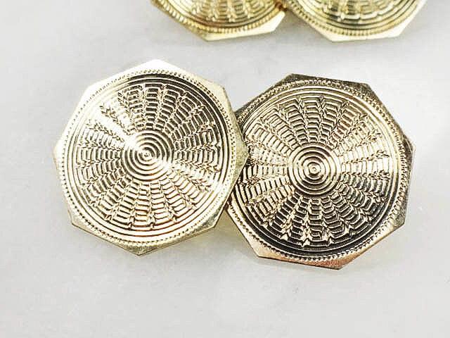 Art Deco 14k Yellow Gold Octagon Shape Cufflinks Engraved Engine Turned Cufflinks