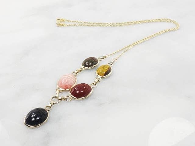 Vintage 14k and Gold Filled Scarab Necklace Bracelet Conversion Necklace with Tiger Eye & Quartz - Carved Stone Necklace 21"