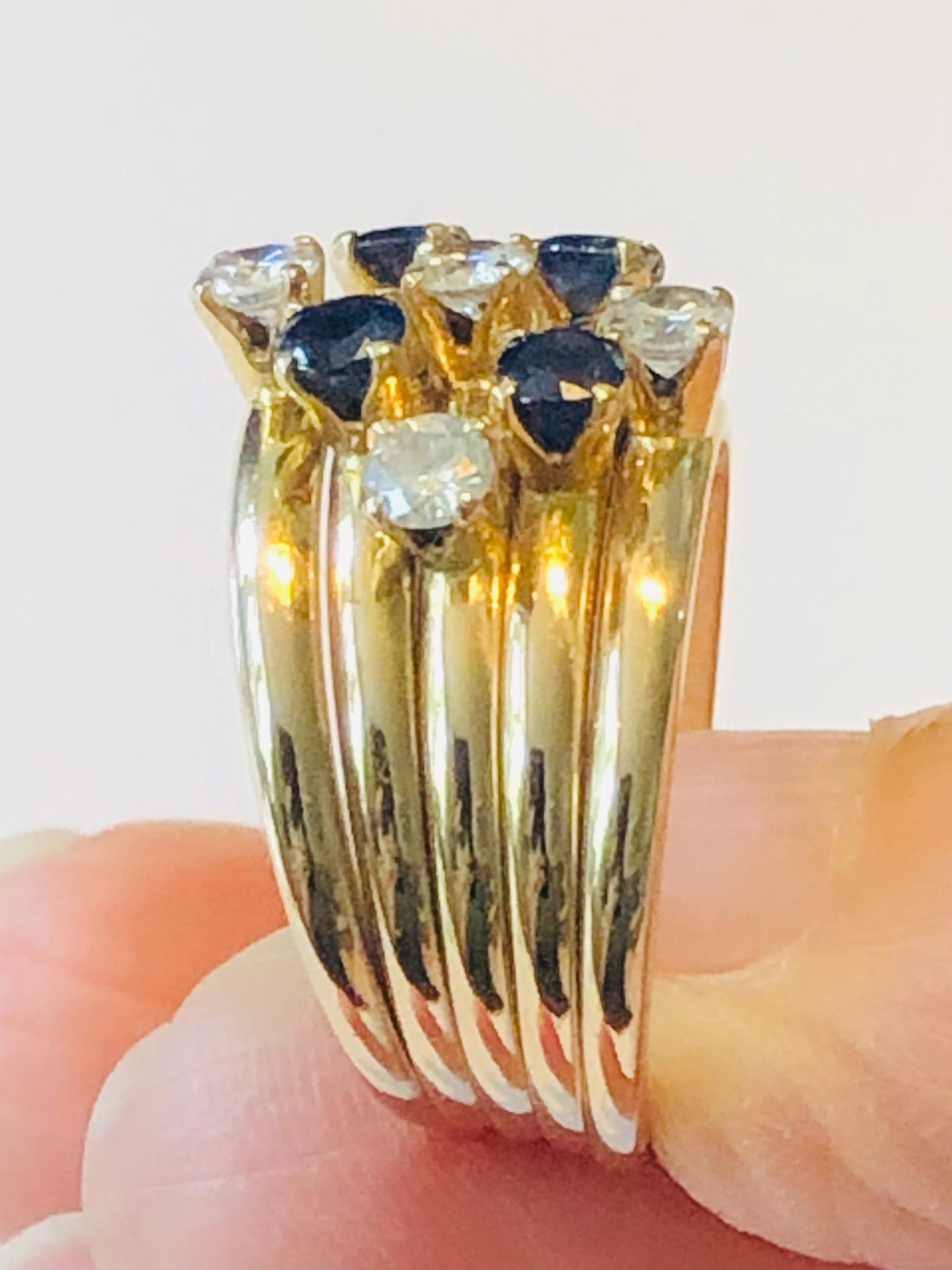 Vintage 18k Yellow Gold Diamond Sapphire Multi Band Ring - Size 7