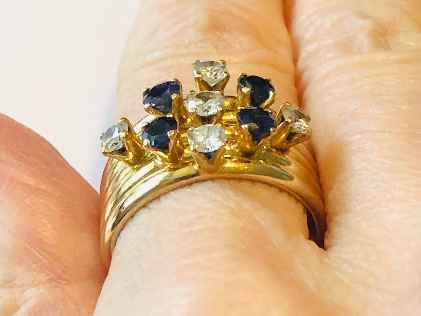 Vintage 18k Yellow Gold Diamond Sapphire Multi Band Ring - Size 7