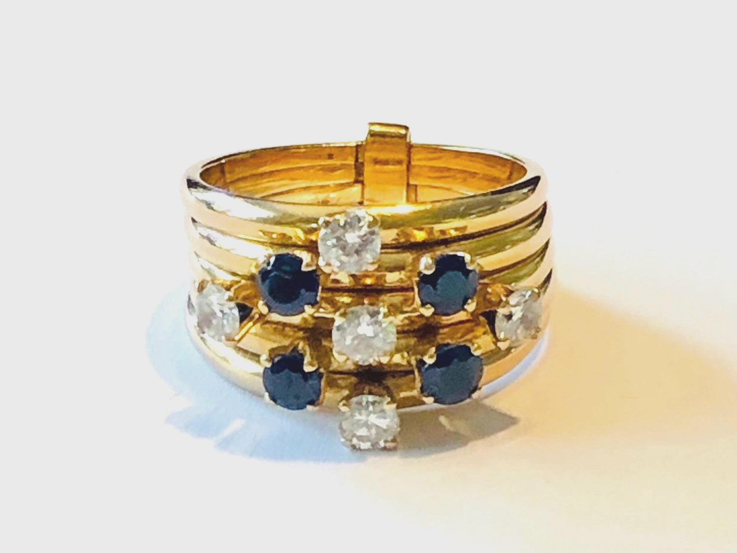 Vintage 18k Yellow Gold Diamond Sapphire Multi Band Ring - Size 7