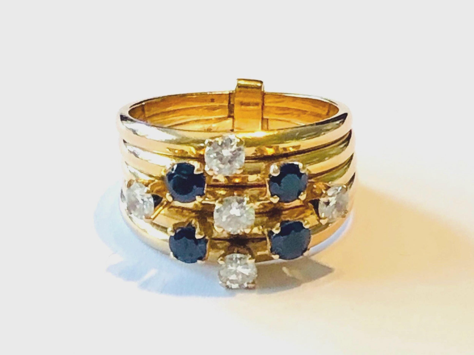 Vintage 18k Yellow Gold Diamond Sapphire Multi Band Ring - Size 7
