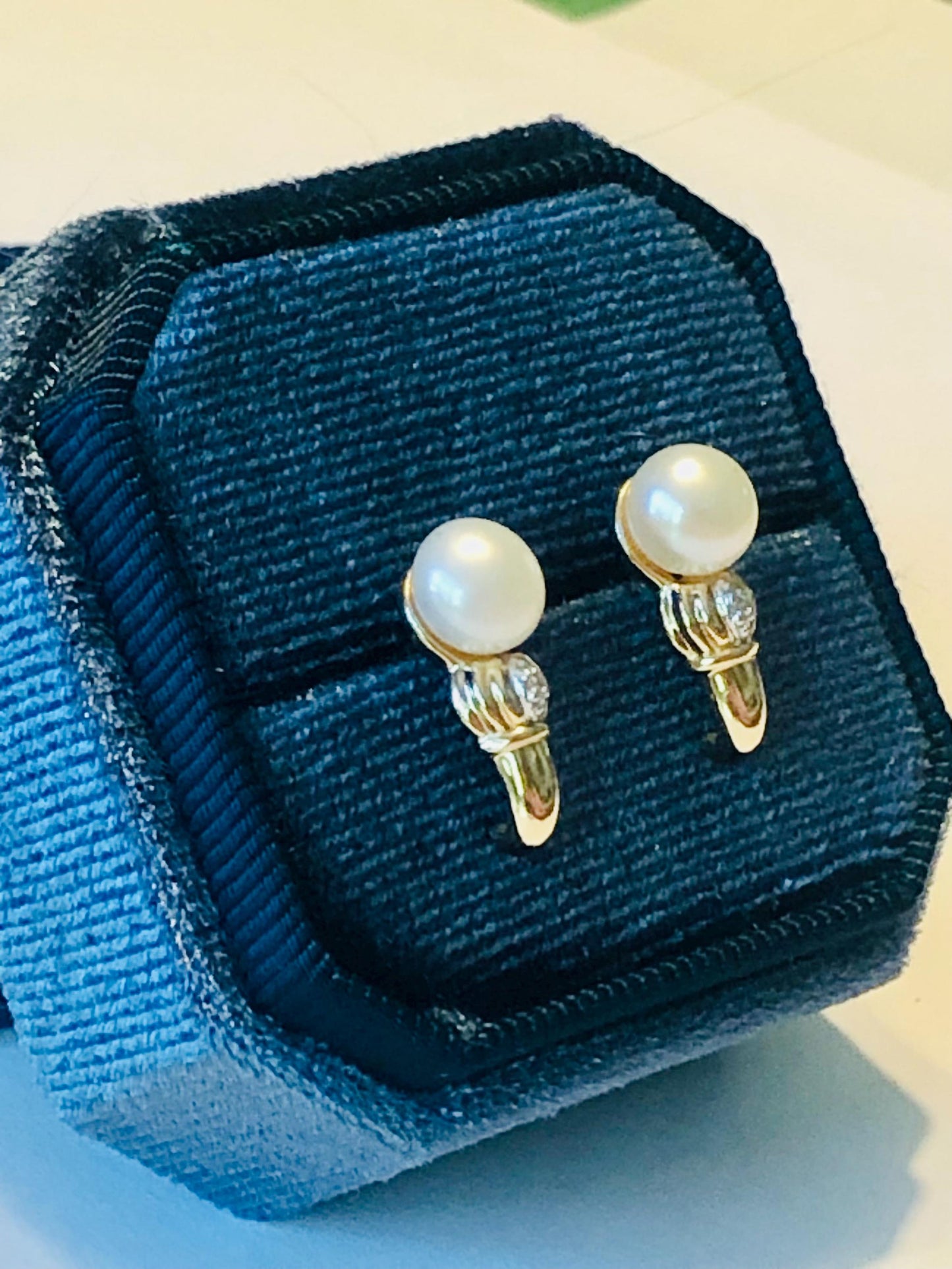 Vintage 10k Yellow Gold Pearl Diamond Stud Earrings: Bridal Button Pearl