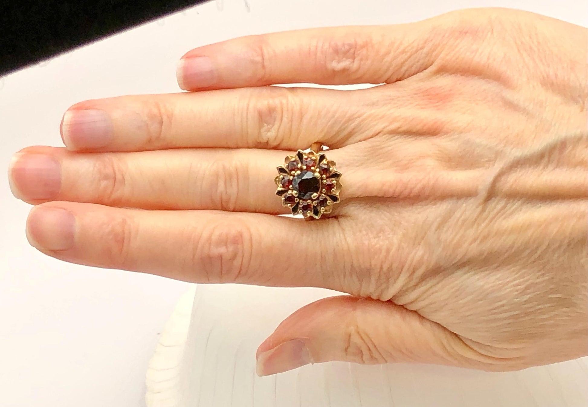 Vintage 14k Yellow Gold Garnet Cluster Ring with Black Enamel, Floral January Birthstone Ring, Size 7