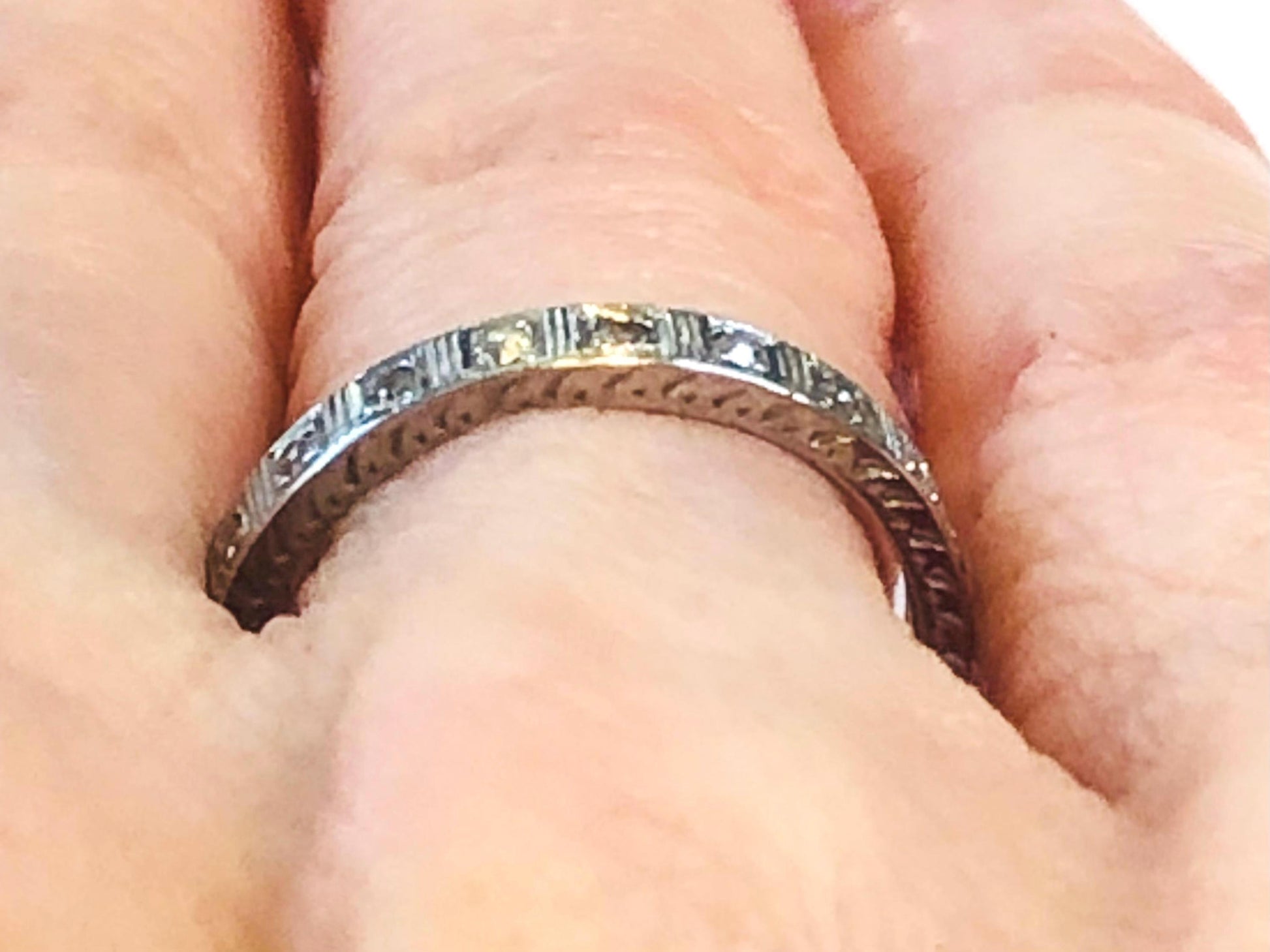 Art Deco Diamond Eternity Band - Platinum Engraved Wedding Ring, 1930s Size 5.25