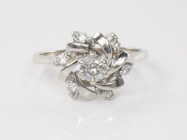 Vintage 14k White Gold Old Mine Cut Diamond Cluster Ring Natural Diamond Swirl Everyday Ring