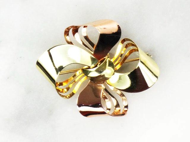 Vintage 14k Yellow & Rose Gold Bow Brooch - Retro 1950s Pin