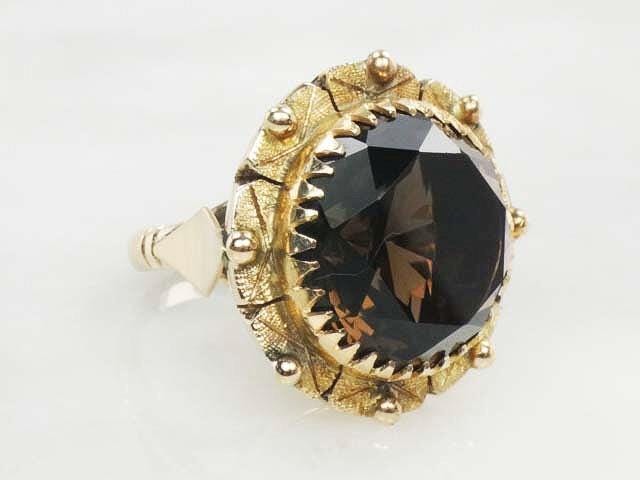 Vintage Large 14k Yellow Gold Floral Smoky Quartz Ring Round Brown Stone Ring Approx. 20 CTS Size 6.25